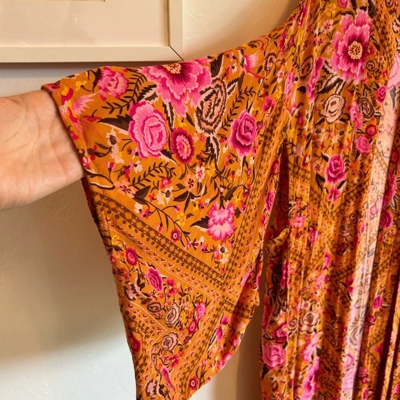 Spell Vibrant Marigold and Pink Floral Kimono w/ Belt - Picture 5 of 6
